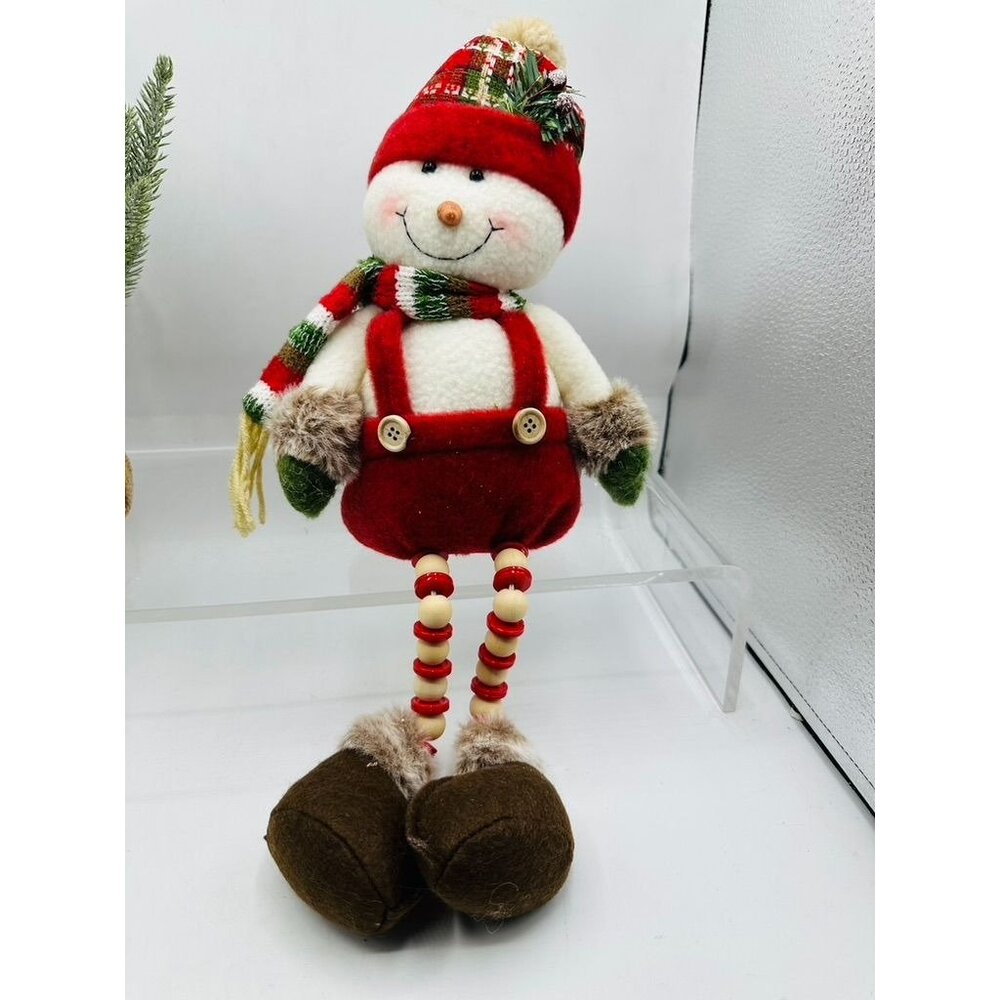 Christmas Snowman Plush Shelf Sitter Red Plaid Hat Beaded Legs Holiday Decor